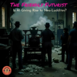 The icon of the Friendly Futurist podcast with Lee Schneider shows workers on a dark factory floor.