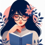 A graphic of a dark haired girl wearing glasses reading a book.